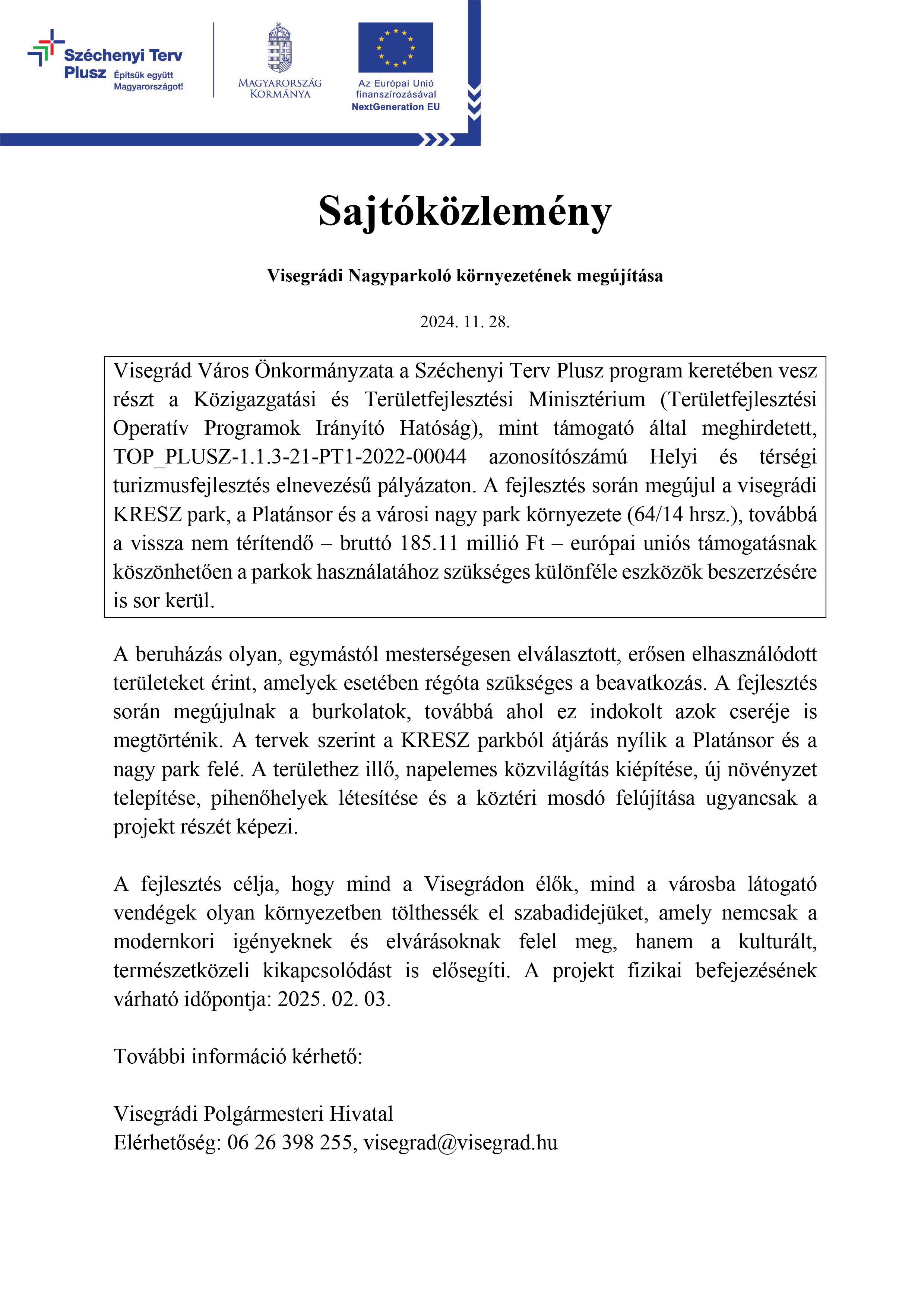 Sajtóközlemény a Visegrádi Nagyparkoló környezetének megújításáról